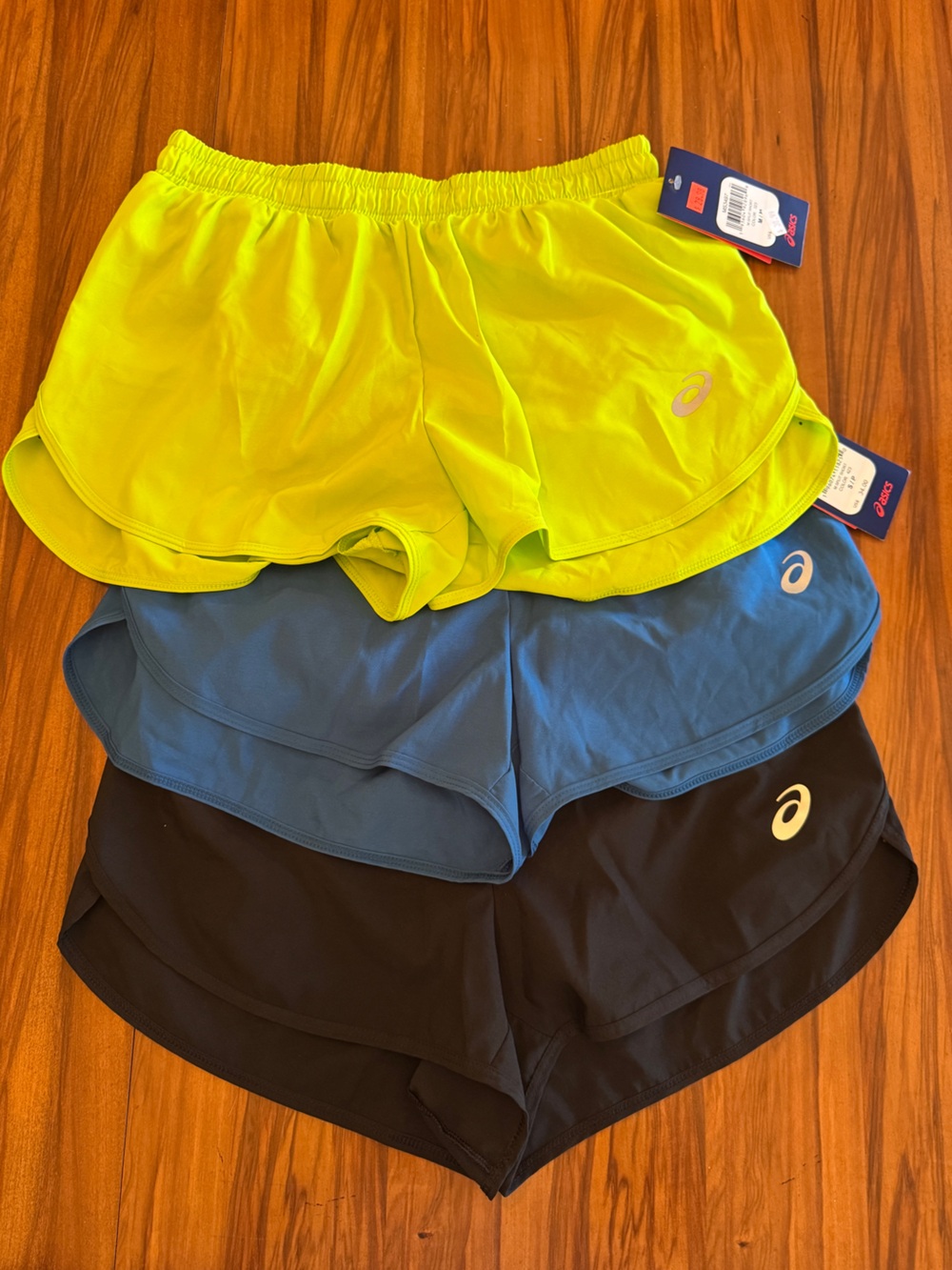 Asics Men’s Neon Yellow, Blue & Black Athletic Running Shorts 3-Pack Bundle